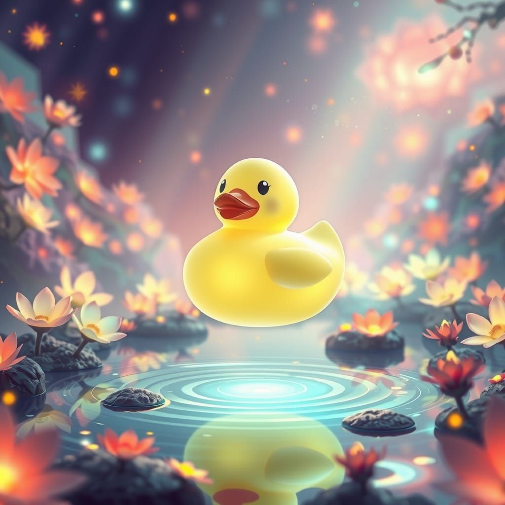 Surreal, Glowing Rubber Duck in a Whimsical, Dreamlike Scene