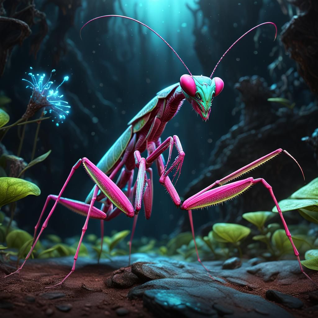 Pink Bioluminescent Praying Mantis: Detailed Digital Art