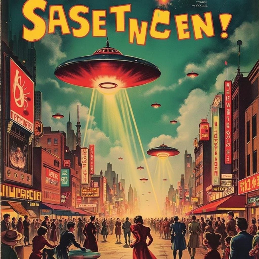 Retro Sci-Fi Movie Poster: Alien Invasion Over Neon City