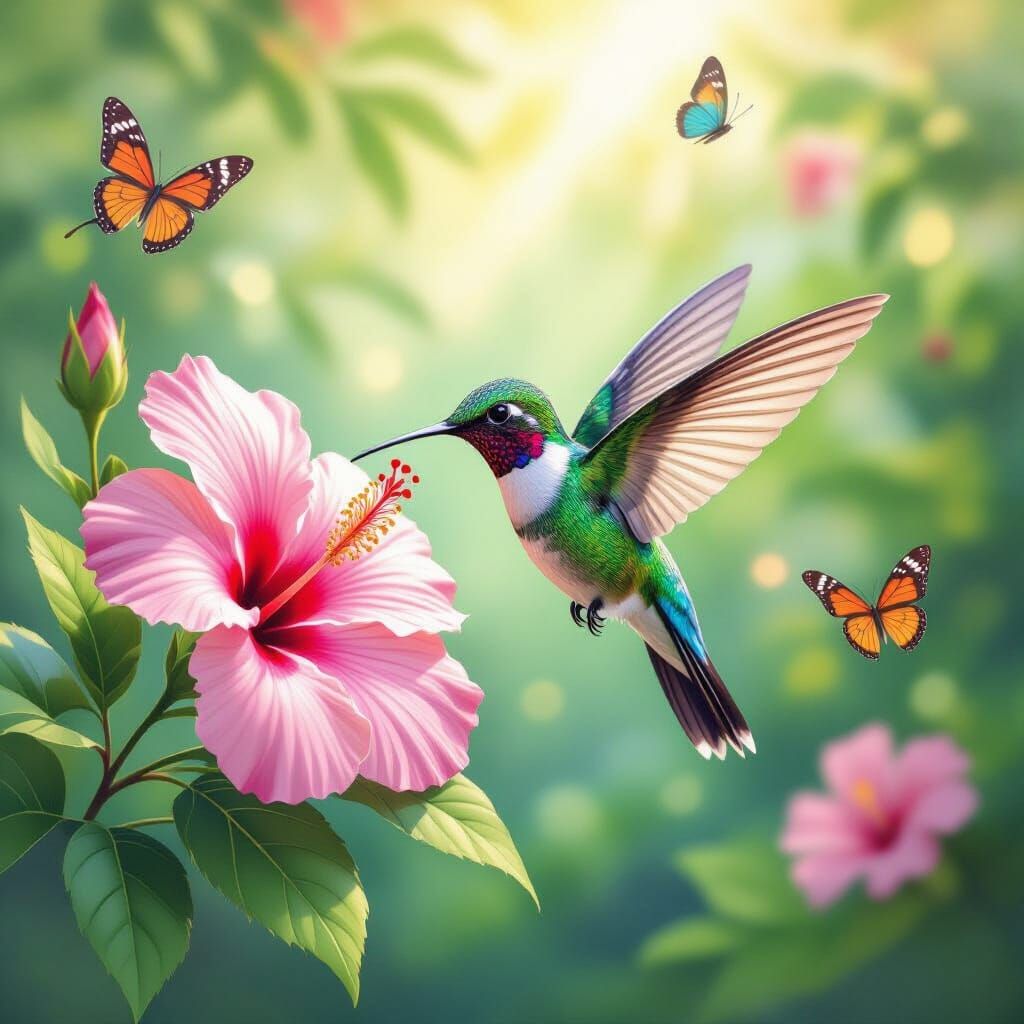 Hummingbird Sips Nectar from Hibiscus in Soft Pastel Waterco...