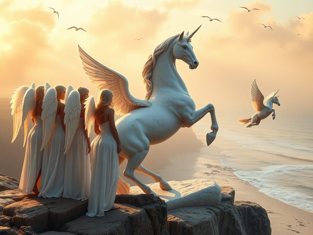 Angels Sculpt a Unicorn Statue at Dawn