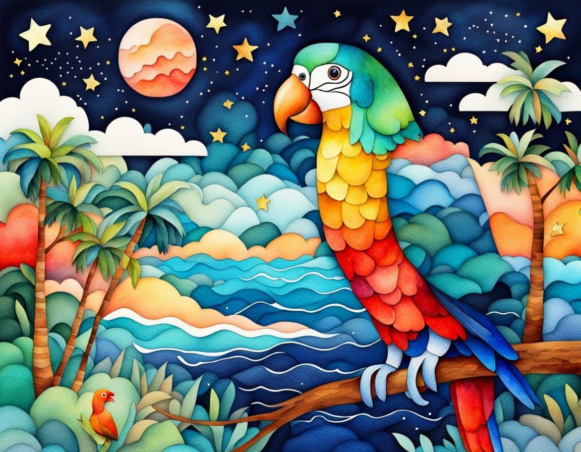 Surreal Parrot Landscape in Aquarelle Patchwork Style
