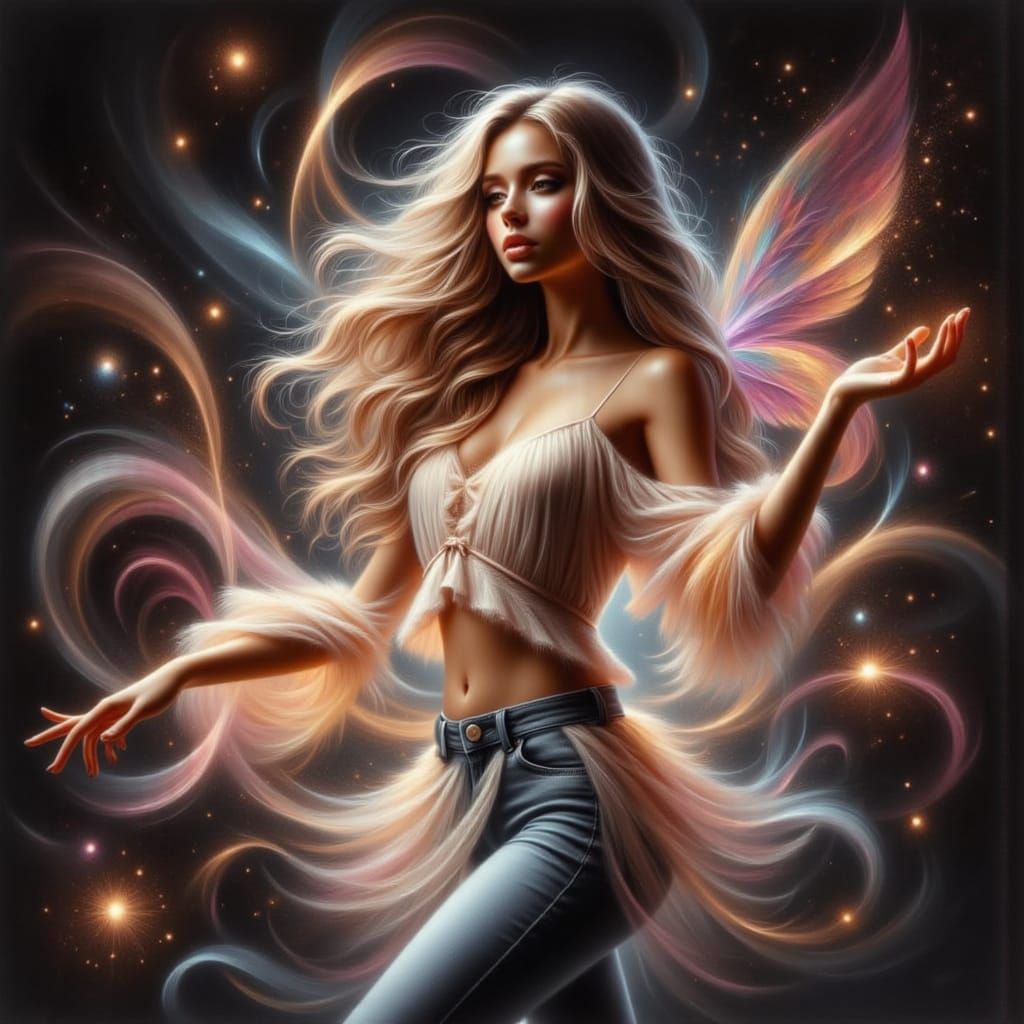 Pastel Drawing of a Dancing Woman with Ethereal Light