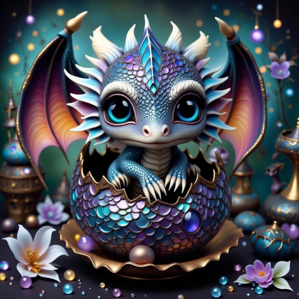Iridescent Baby Dragon in Whimsical Gothic Village