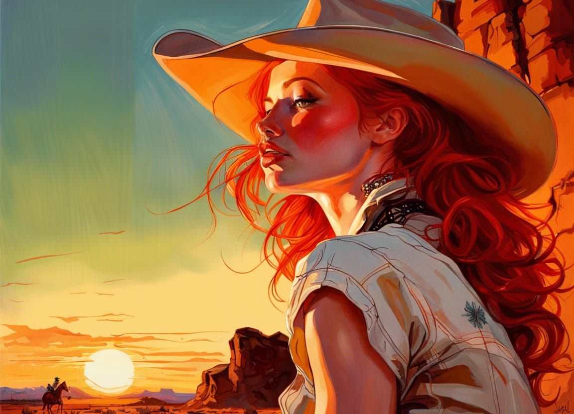 Redhead Cowgirl at Sunset, Pin-Up Style