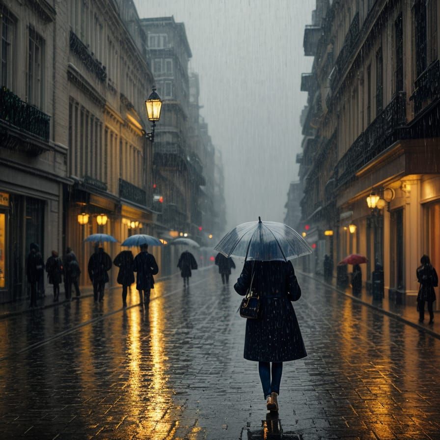 Woman in Rain: Romantic Impressionism at Night