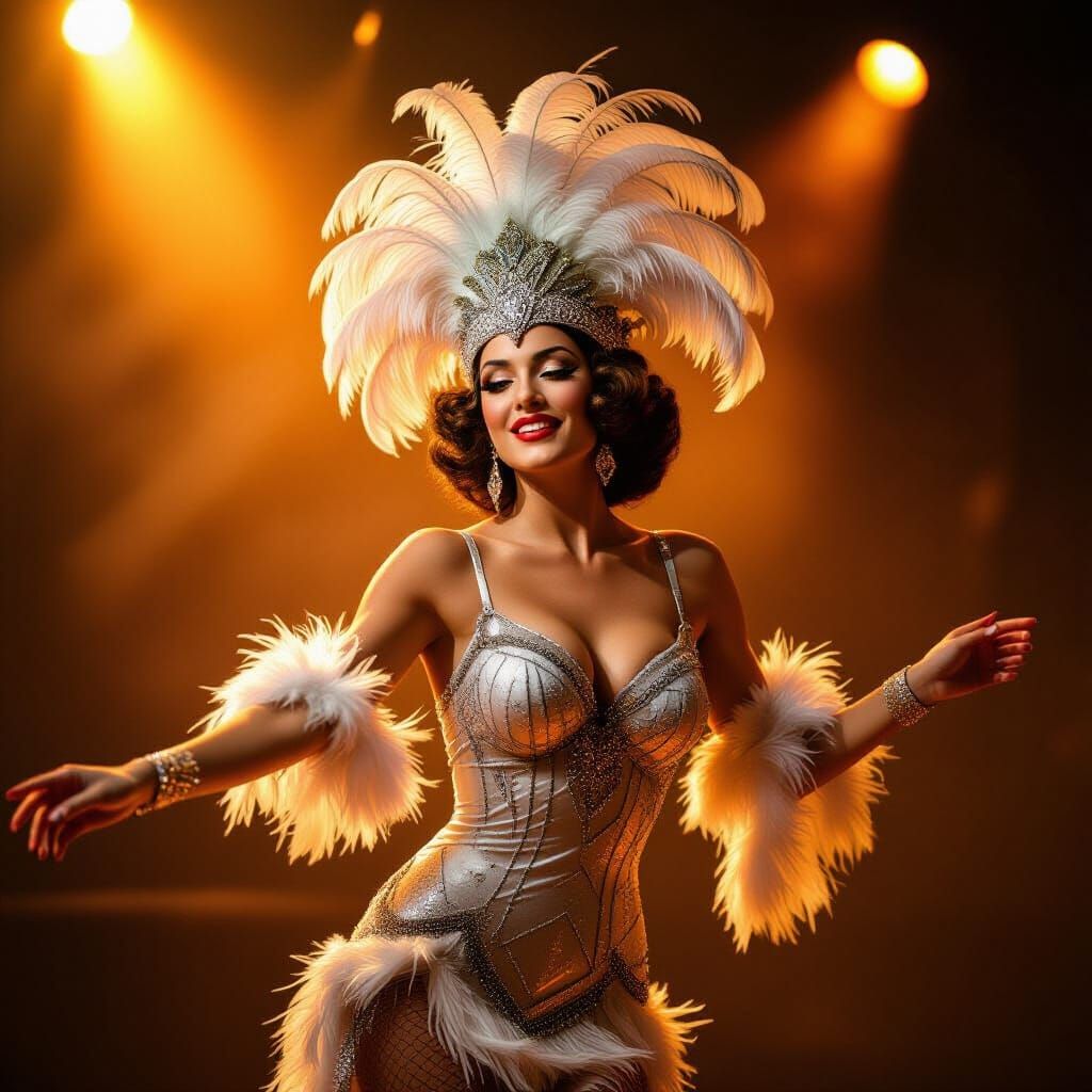 Glamorous Showgirl on Vintage Cabaret Stage in Cinematic Sty...