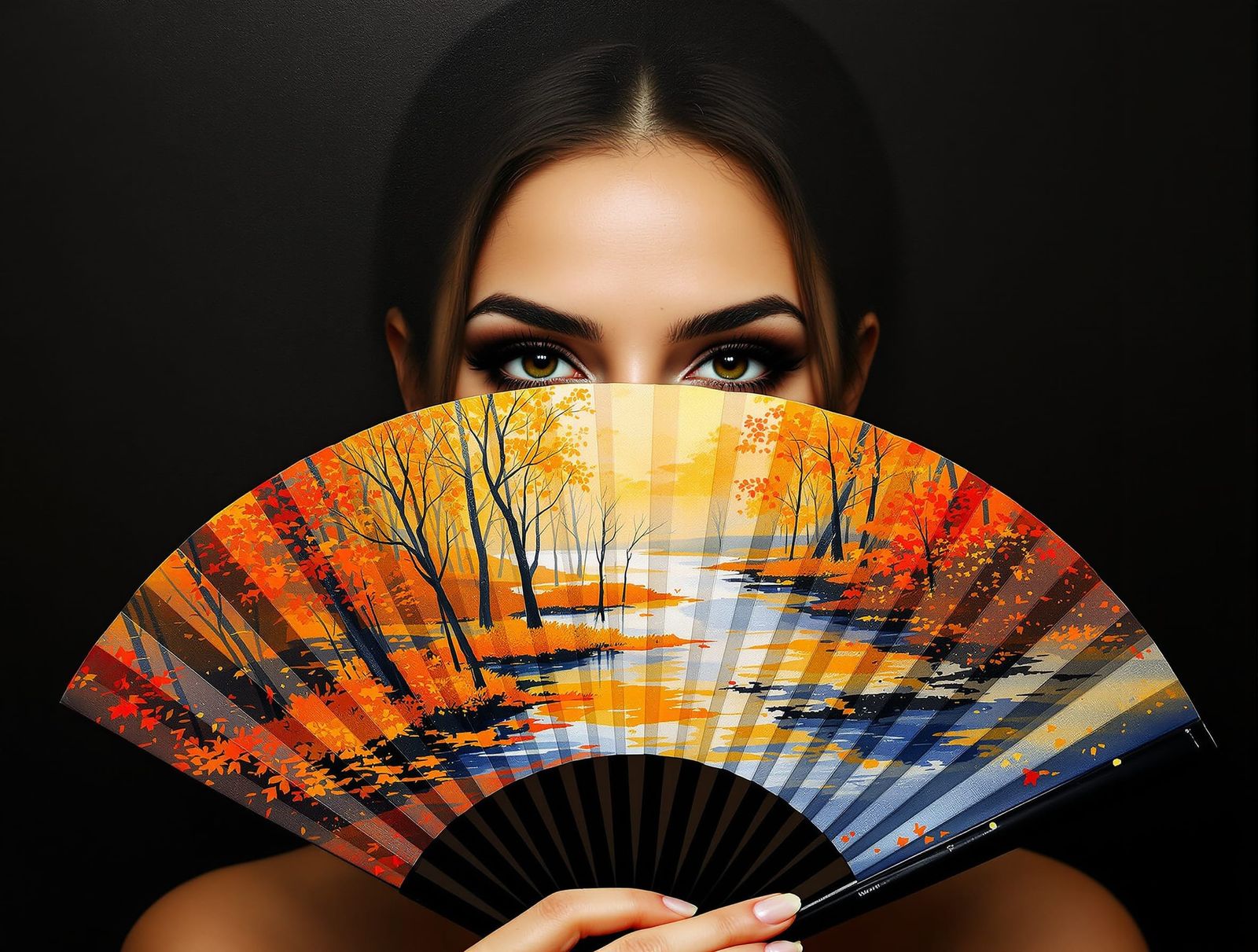 Minimalist Woman with Autumn River Fan, Oil on Canvas