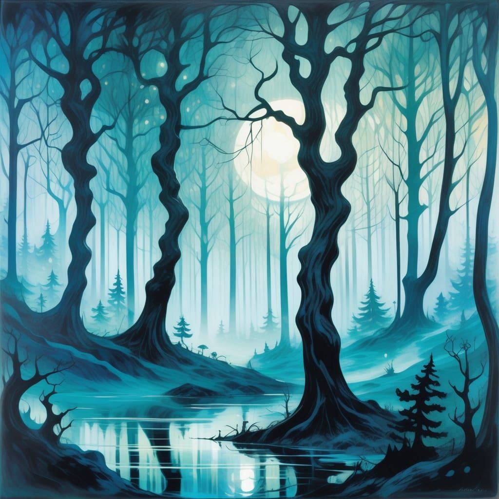 Mystical Moonlit Forest Scene in Symbolist Style