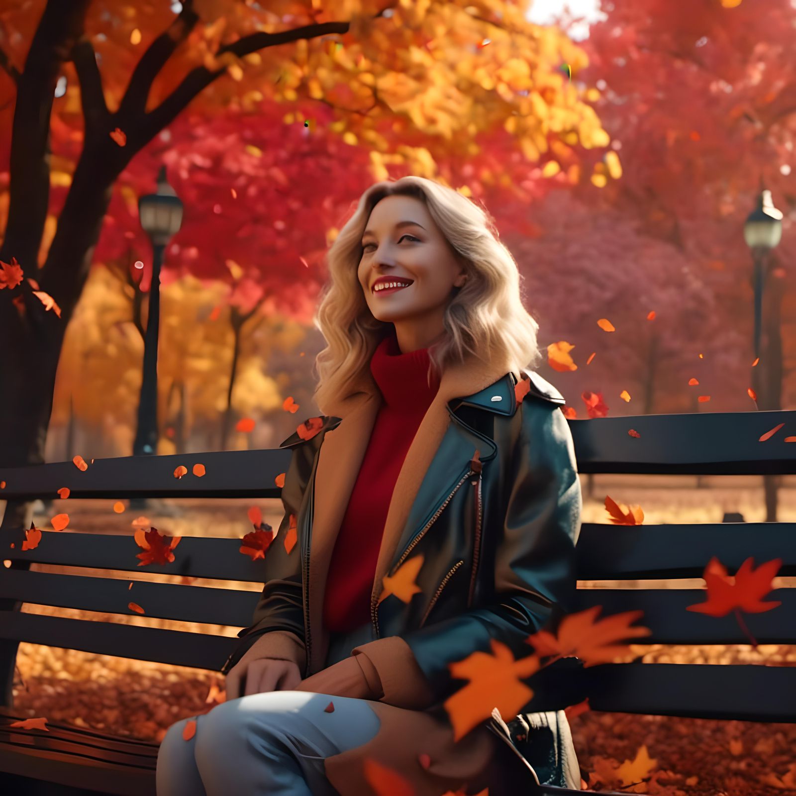 Smiling Woman in Lumberjack Shirt Dress in Autumn Park