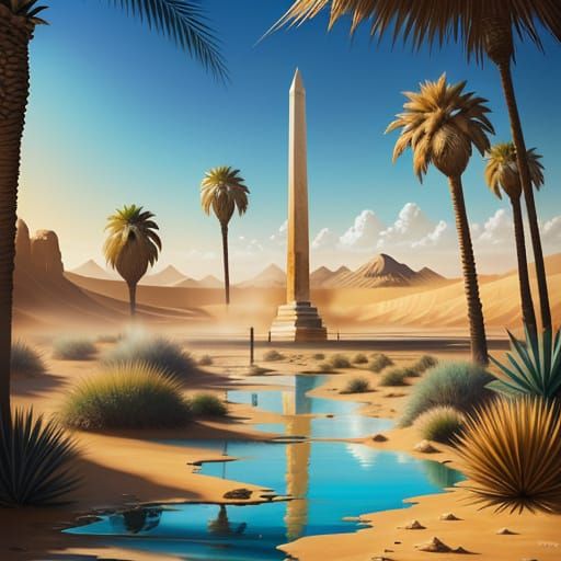 Lush Desert Oasis with Fallen Obelisk Painting