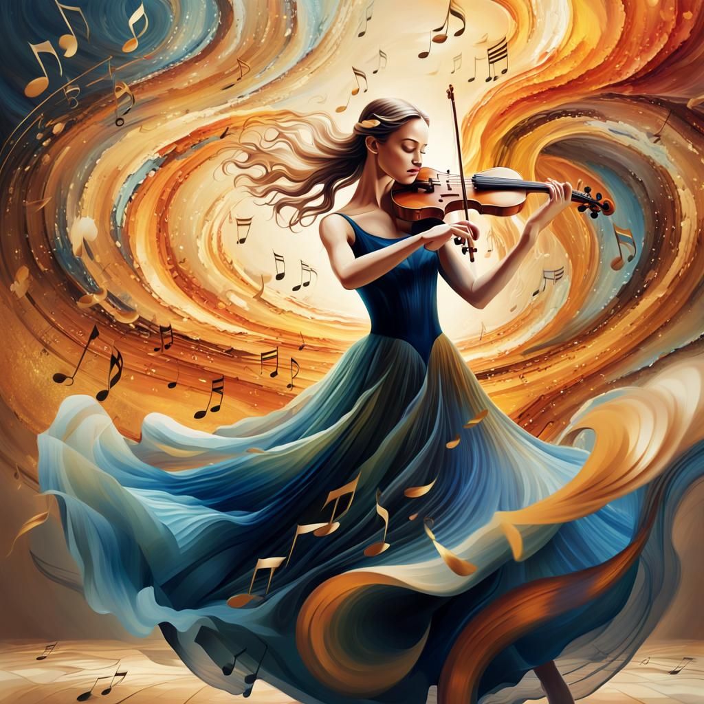 Surrealist Violinist Dancing on Music Notes