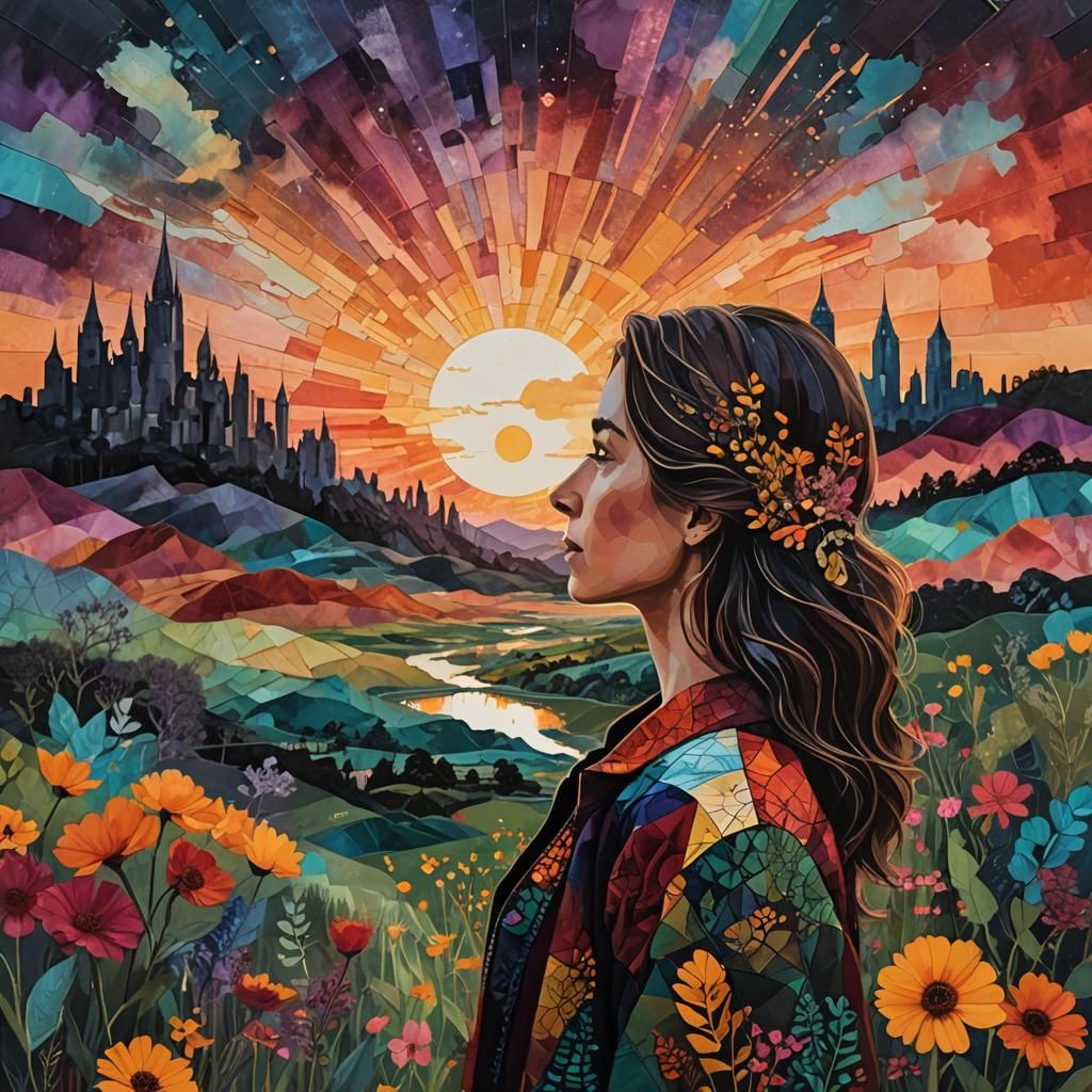 Inspirational Collage with Woman and Sunset: Surreal Photogr...