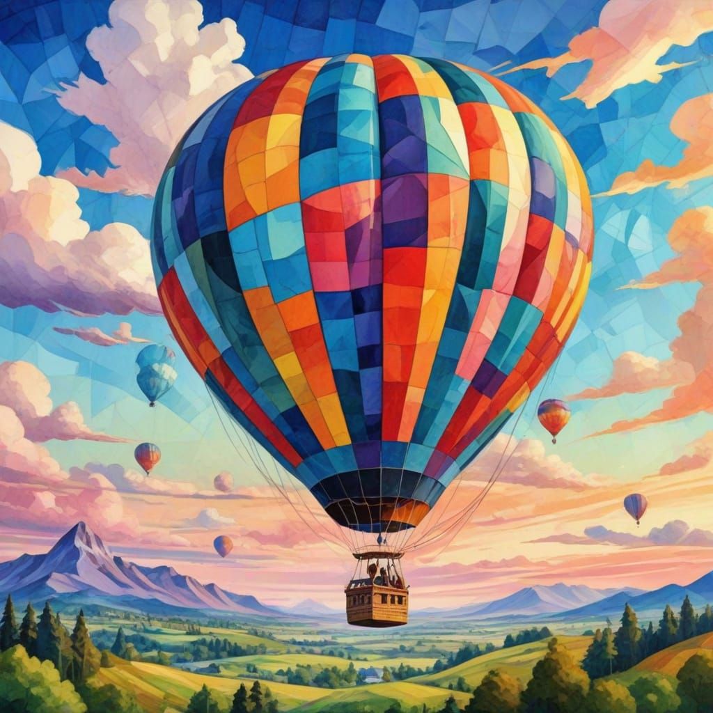 Vibrant Cubist Watercolor Hot Air Balloon in Whimsical Atmos...