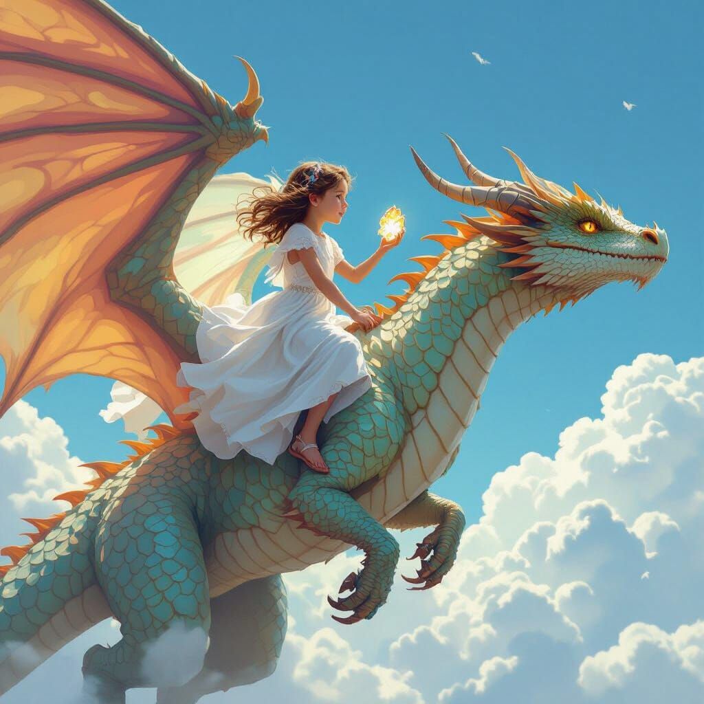 Girl Riding Dragon in Flight, Realistic Style