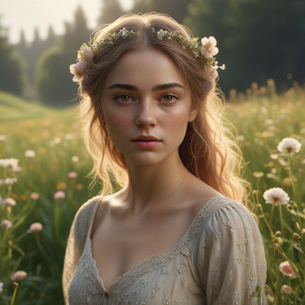 Girl in Floral Attire Amidst a Lush Meadow in Hyperrealistic...