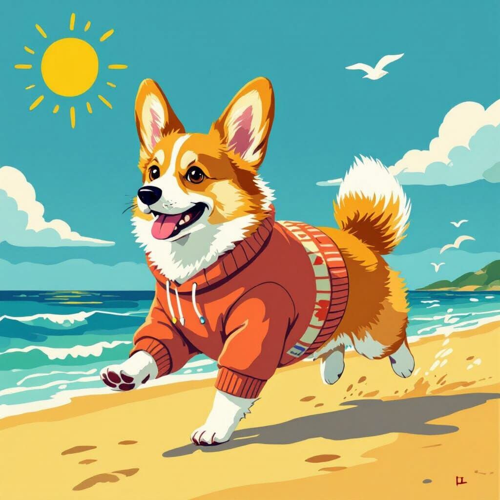 Corgi on Sunny Beach in Vibrant Artistic Styles