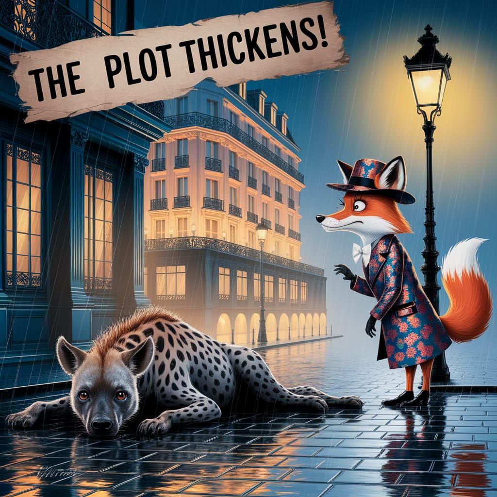 Toulouse-Lautrec Style Caricature of Hyena on Cobbled Street