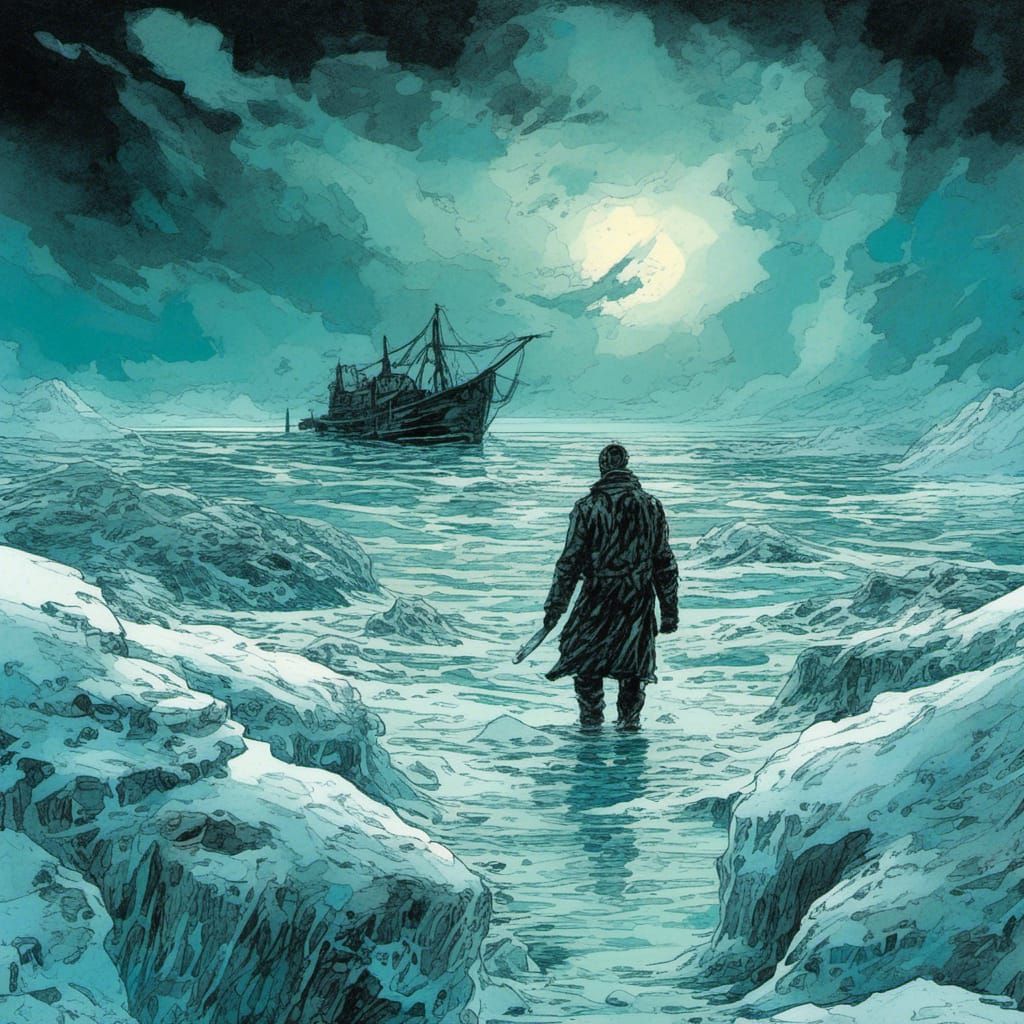 Icy Figure Drifting in a Frigid Winter Landscape