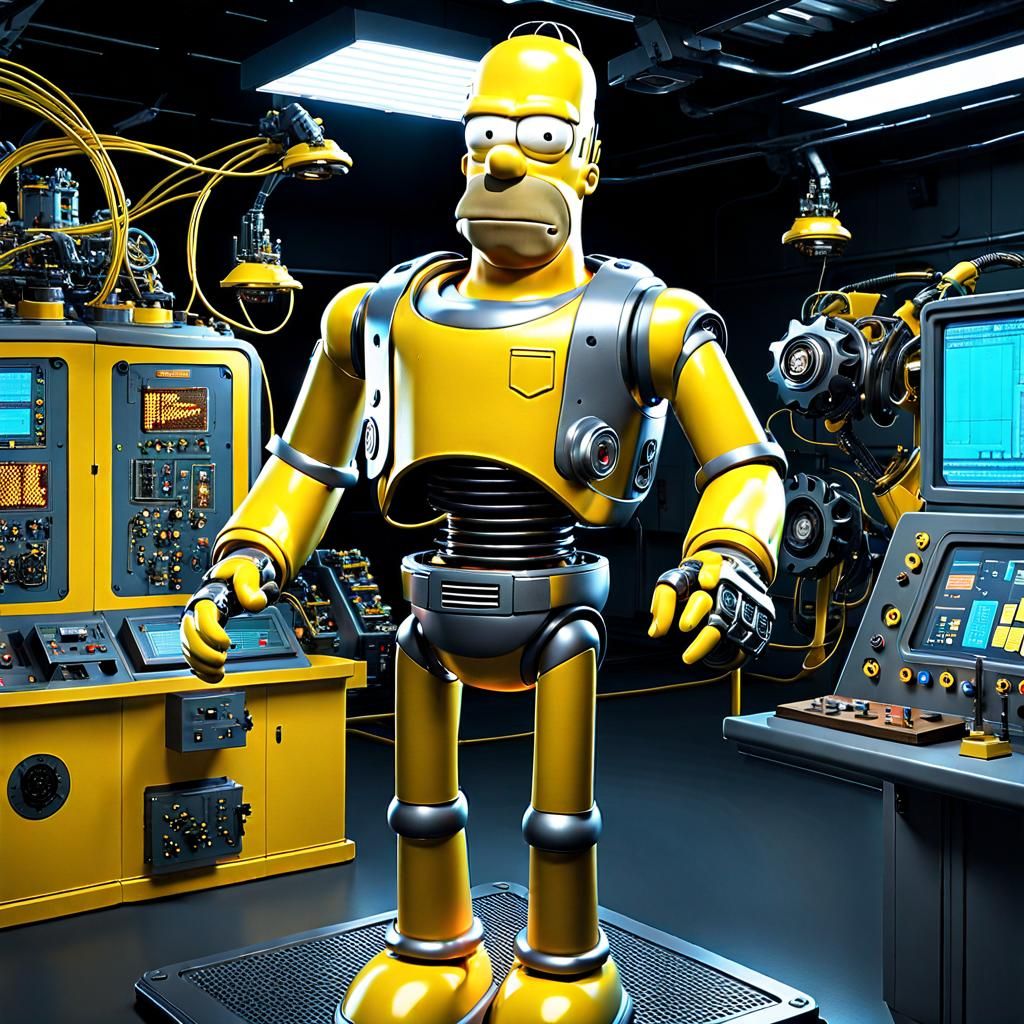 Homer Simpson as Robot in Cyberpunk Laboratory