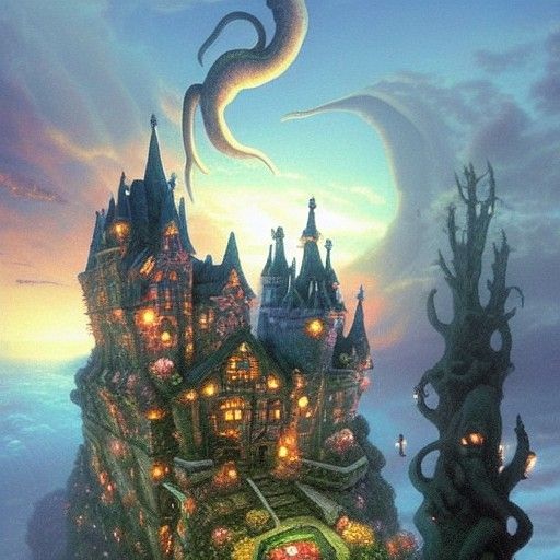 Floating Gothic Castle on Tentacles, Ominous Horror Scene
