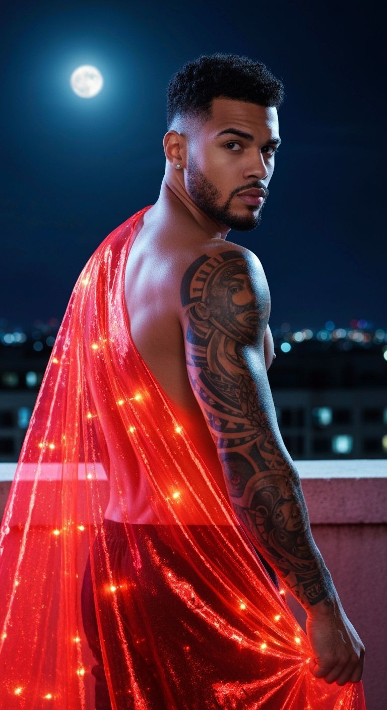 Muscular Man with Fiery Red Drape on Rooftop