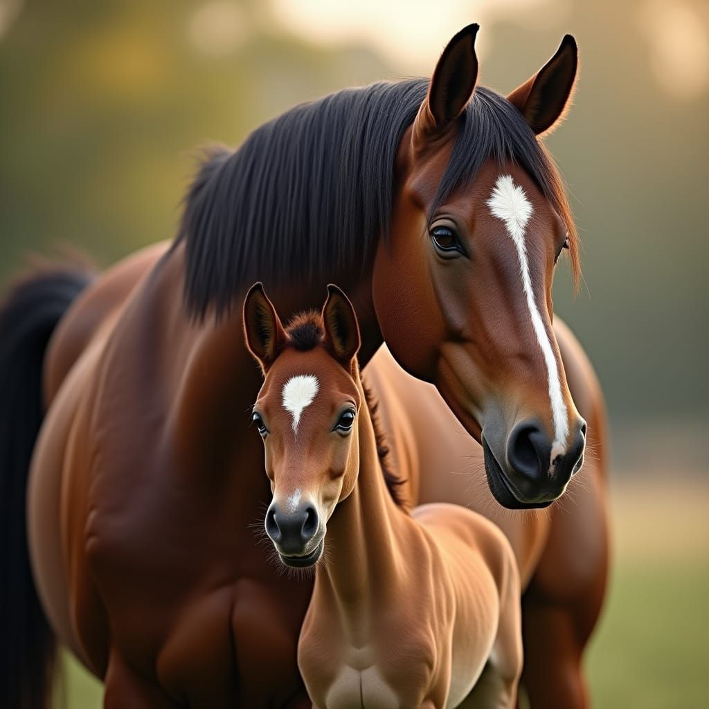 A Majestic Mother Horse and Foal in Serene Nature