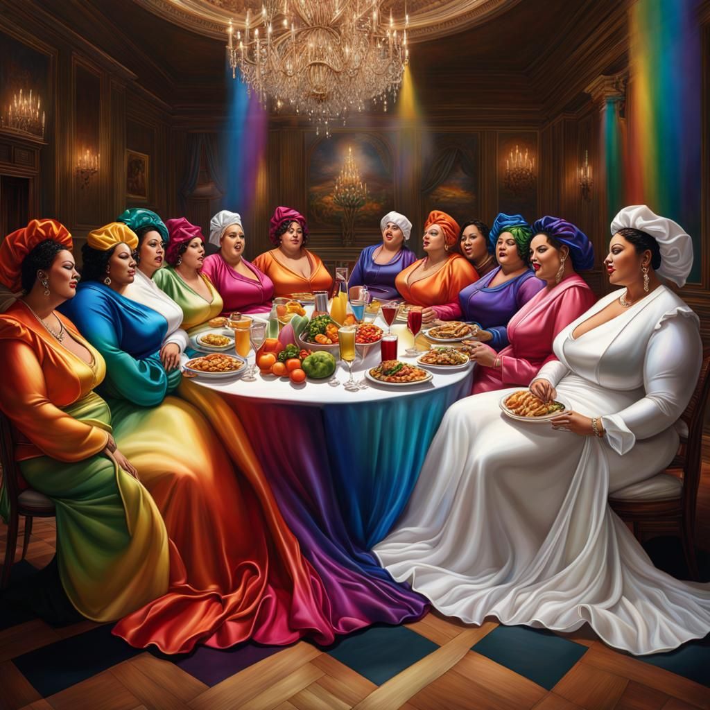 BBW Ladies Lunching in Rainbow Satin, Photorealistic