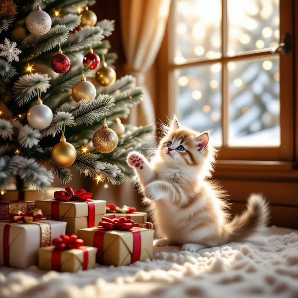 Cozy Christmas Cabin Scene With Kitten and Gifts