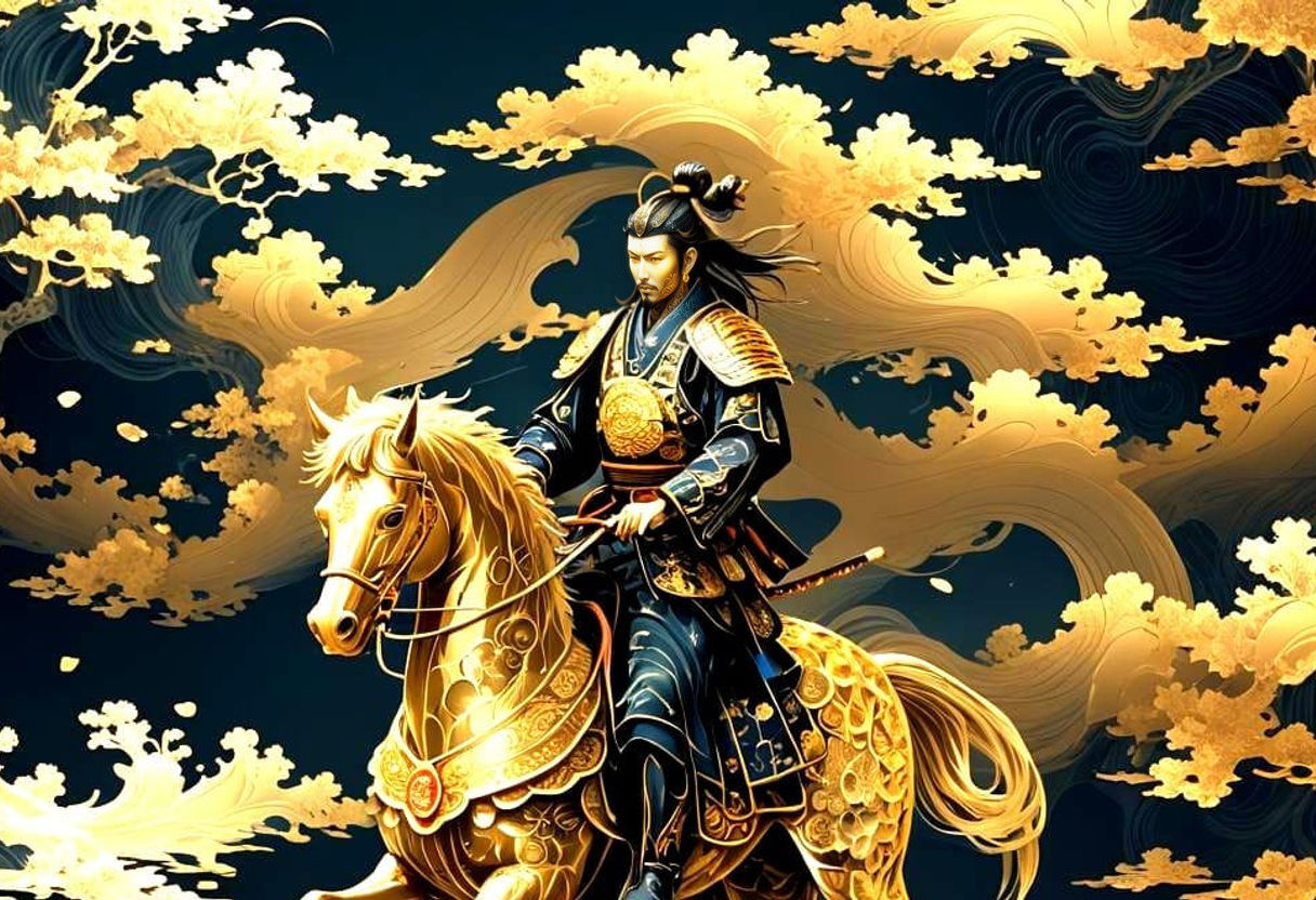 Bioluminescent Gold Samurai on Horseback, Abstract Fractal A...