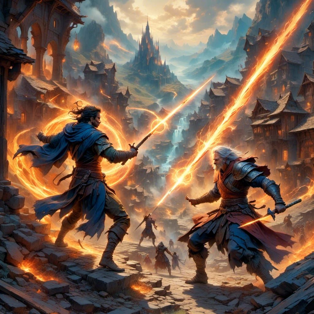 Epic Fantasy Battle: Wizards Duel with Demons