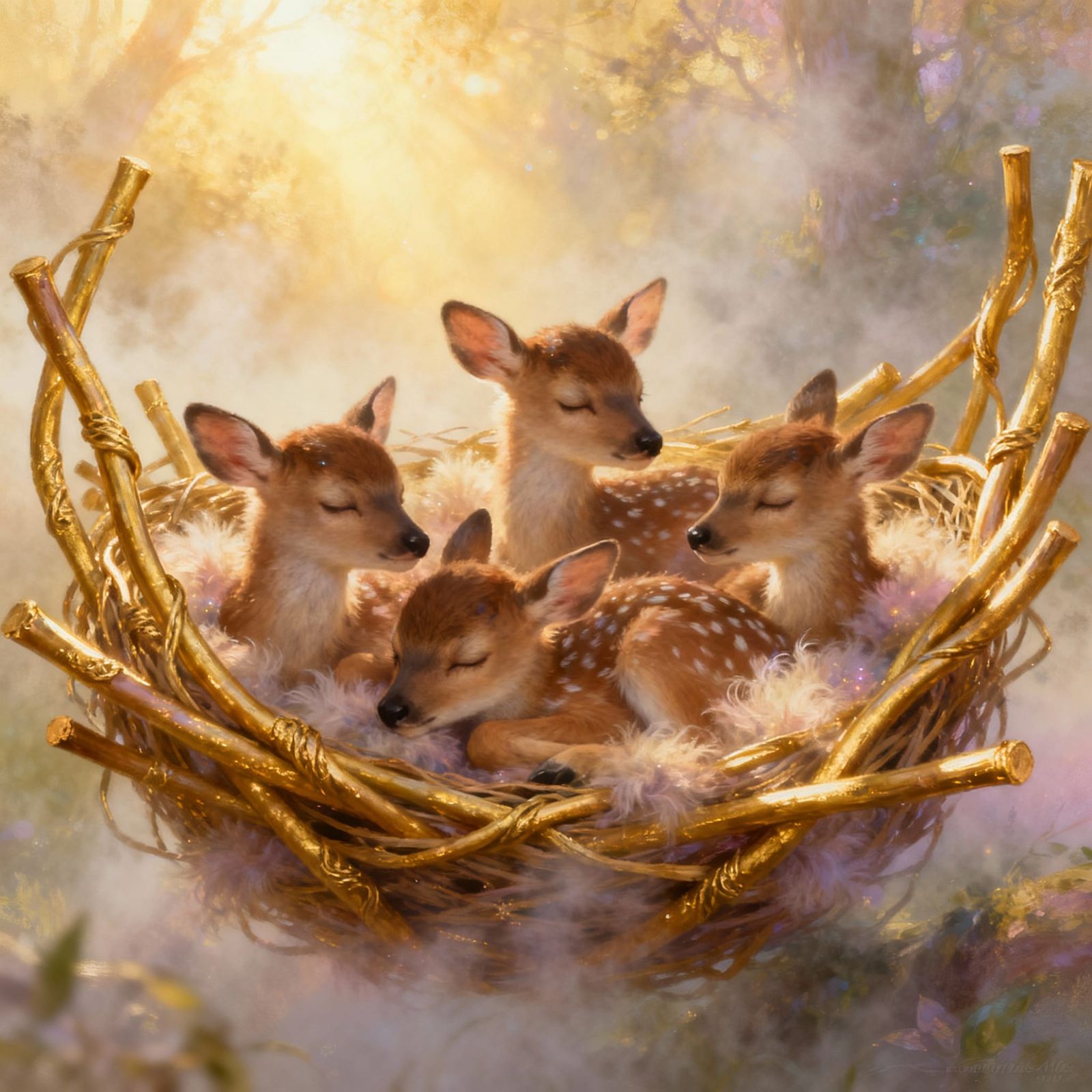 Baby Deer Sleep Peacefully in Magical Glowing Nest