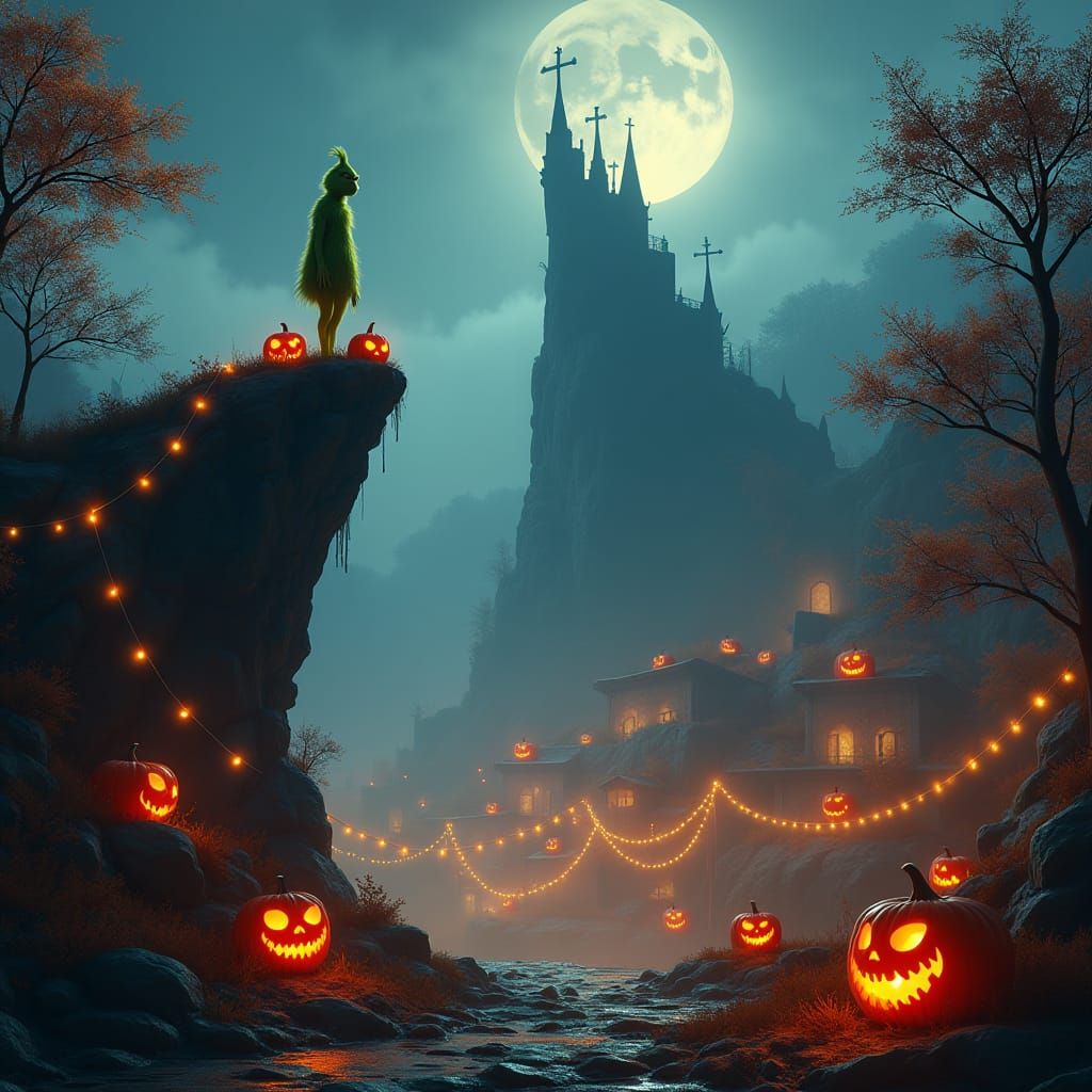 Grinch Overlooks Halloween Village in Dreamlike Sci-Fi Style