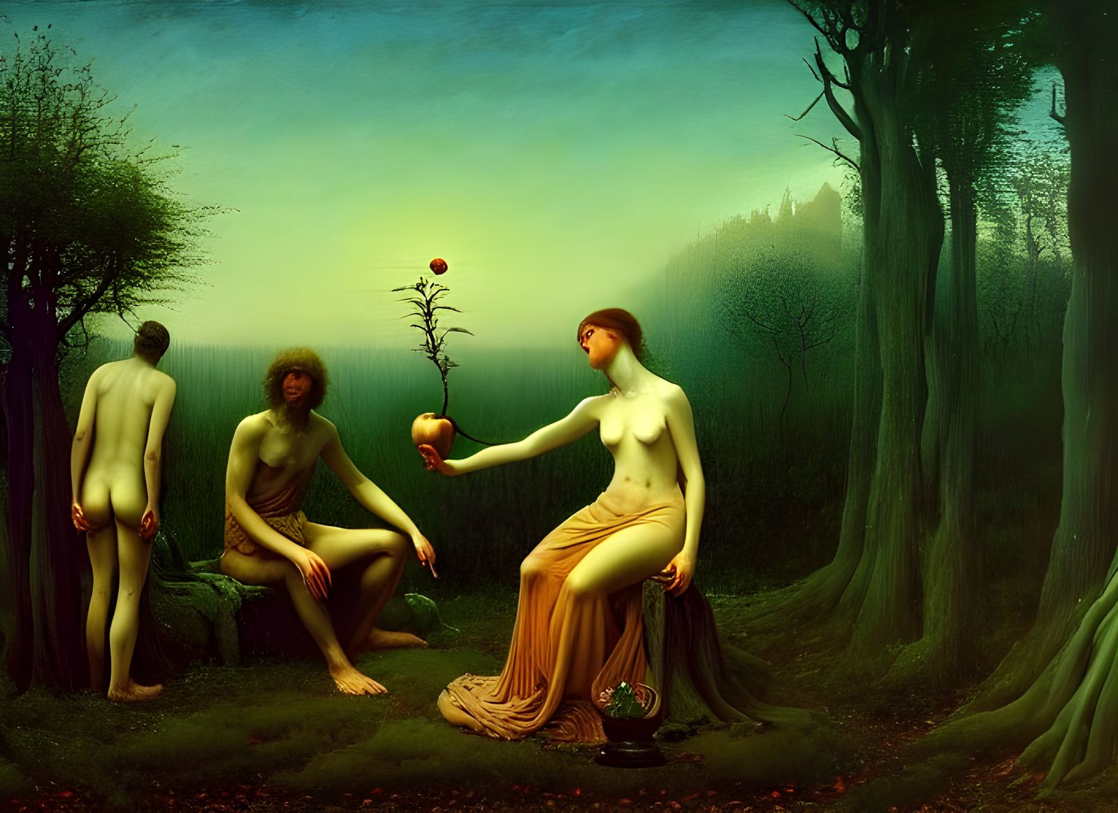 Eve's Choice: A Surreal Romantic Horror Painting