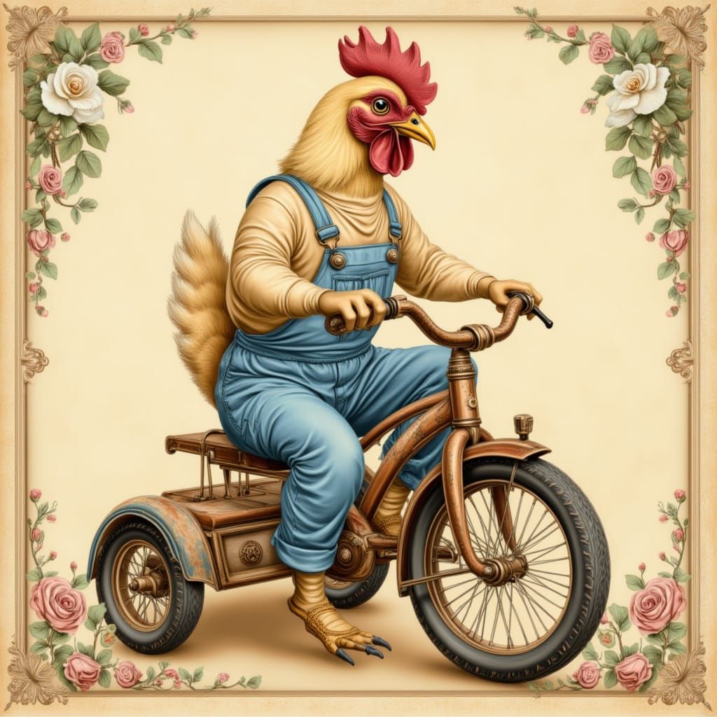 Chicken Rides Tricycle in Vintage Storybook Style