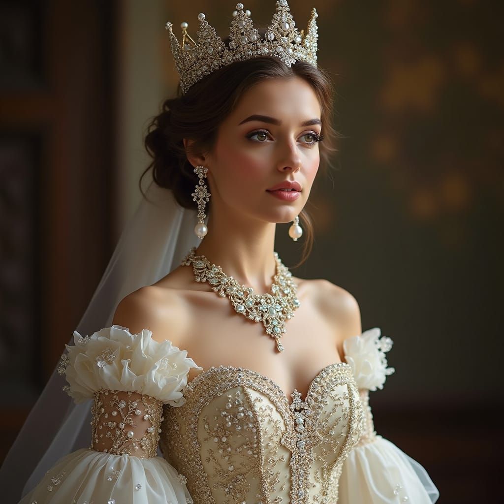 Luxurious Queen in Pearl and Diamond Embroidered Gown