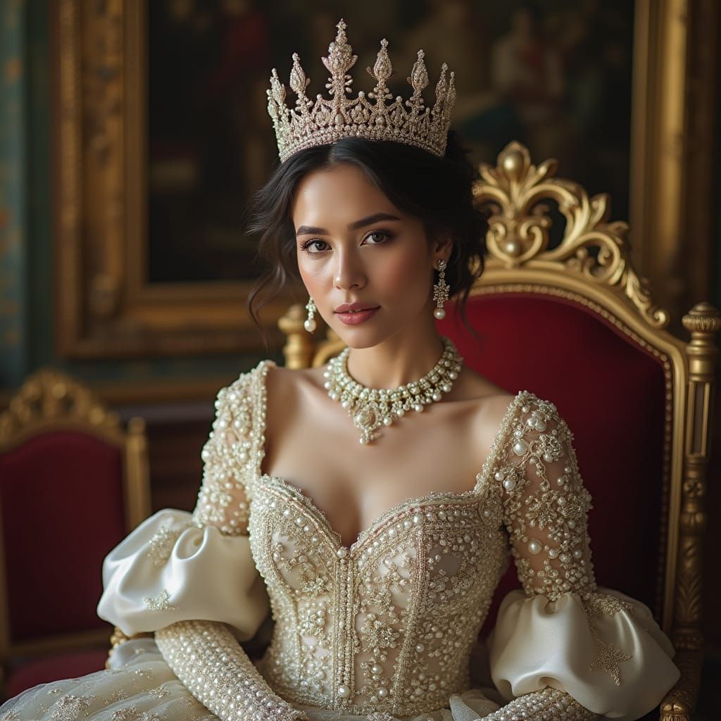 Ethereal Queen in Pearl-Encrusted Gown