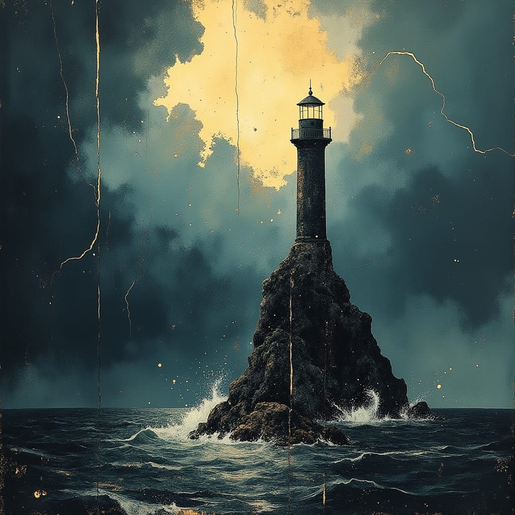 Stormy Lighthouse on Floating Island in Dark Fantasy Style