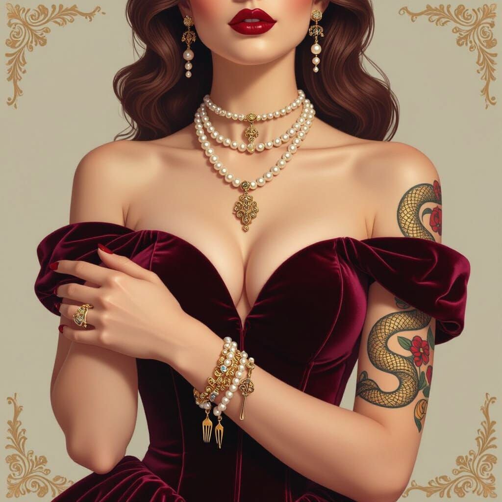 Elegant Woman in Velvet Dress with Golden Tattoo
