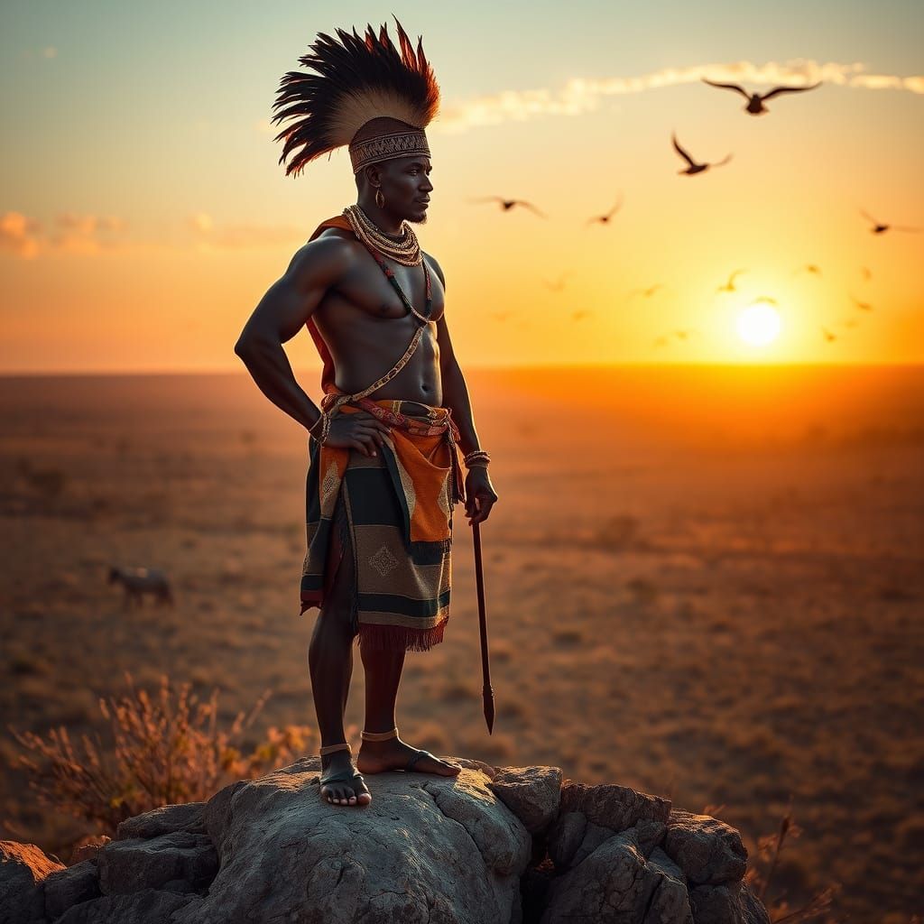 Zulu Warrior Overlooking African Savanna at Sunset