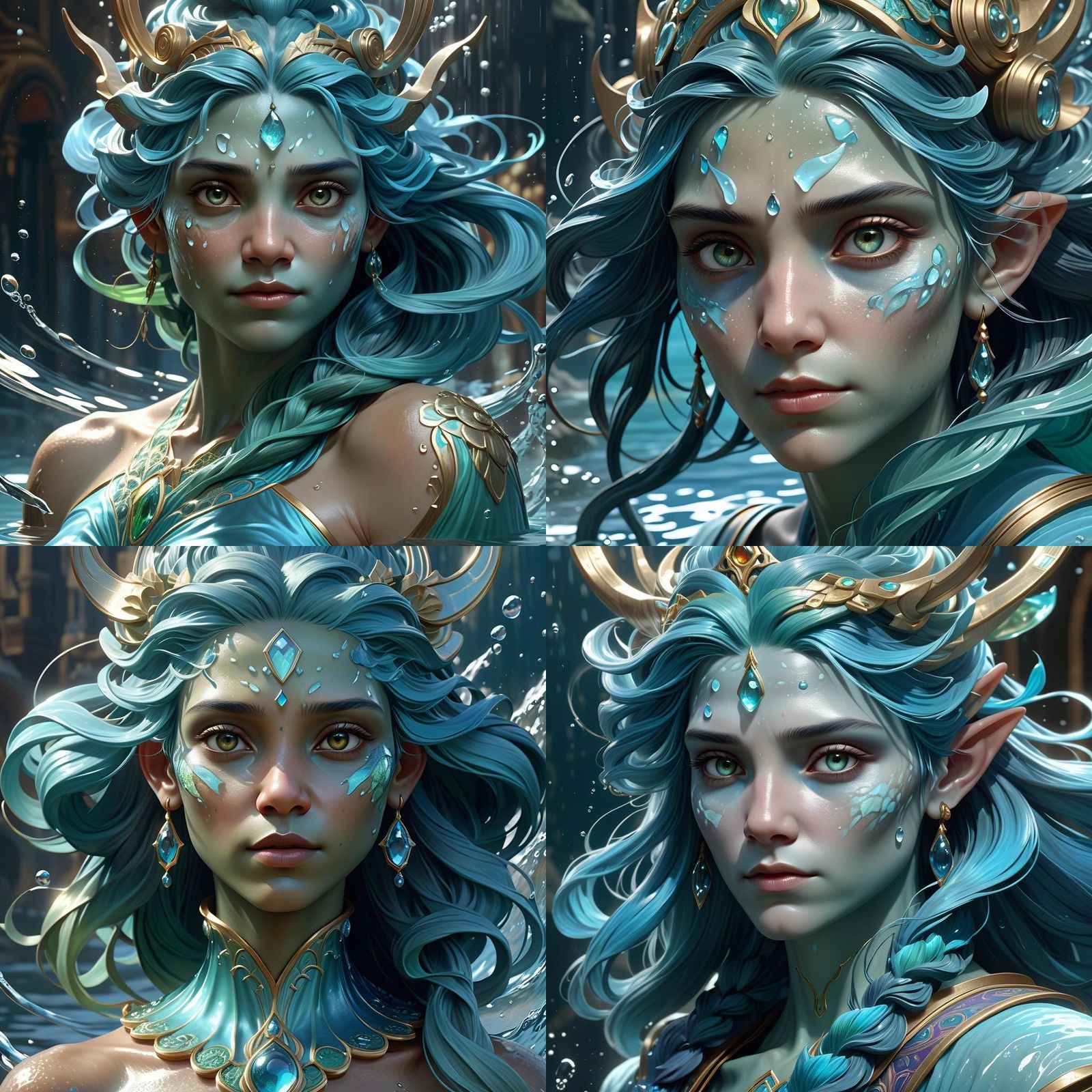 Water Genasi Portrait in Hyperdetailed Splash Art Style