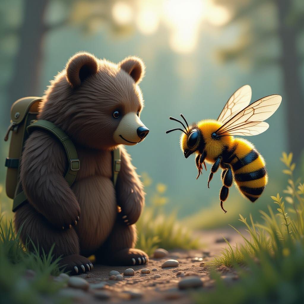 Realistic Bear and Bee Illustration in Digital Painting Styl...