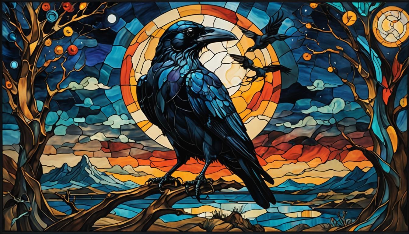 Stained Glass Crow in Surrealist Style