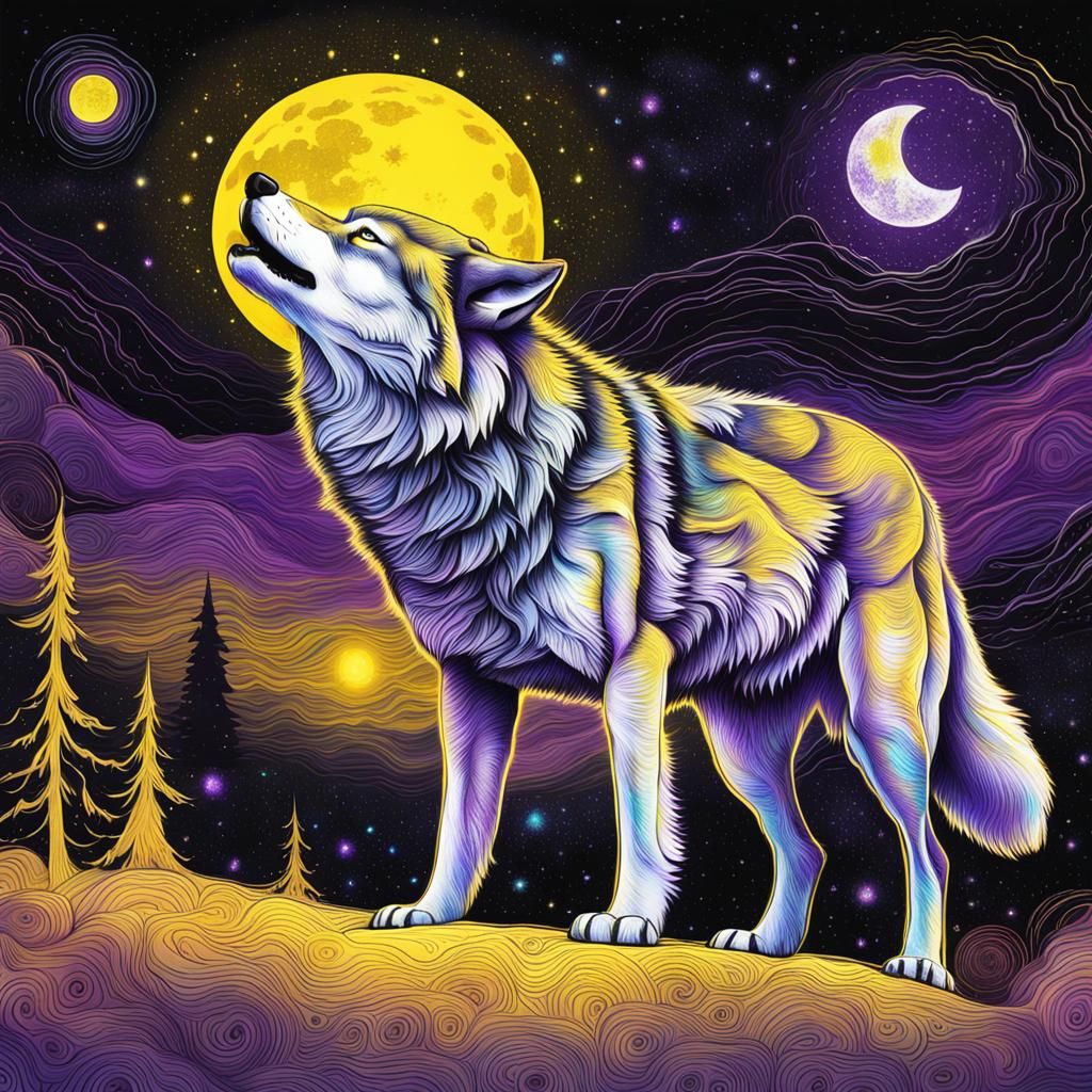 Wolf Howling at Moon in Astral Colors