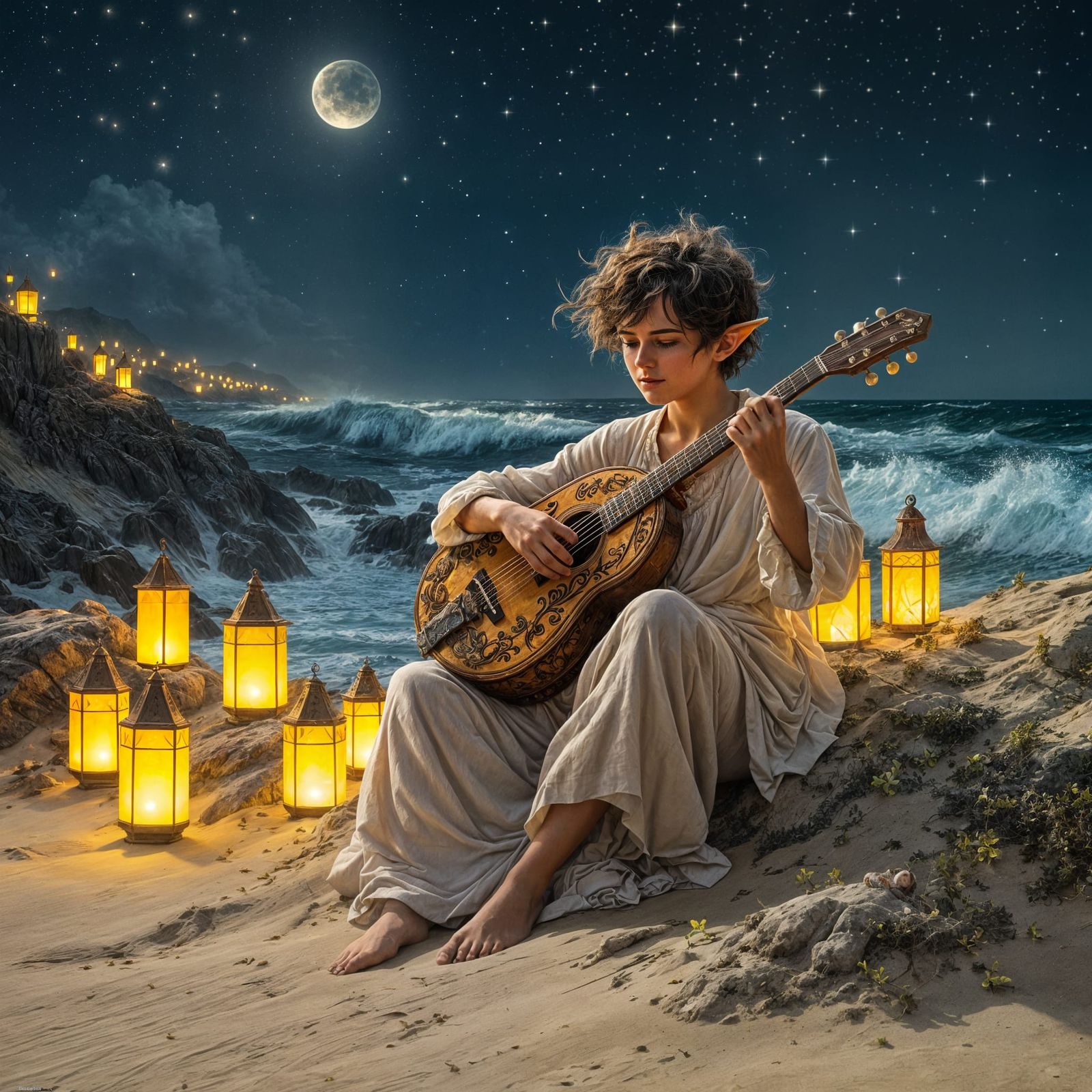 Halfling Bard's Enchanting Seaside Serenade in Art Nouveau S...