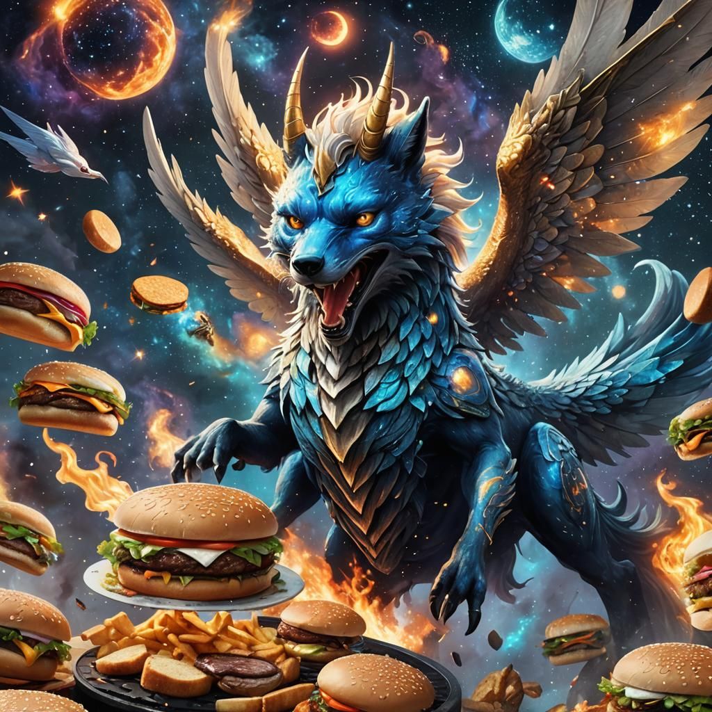 Blue Fox Unicorn Soars Through Galaxy with Burger-Fly