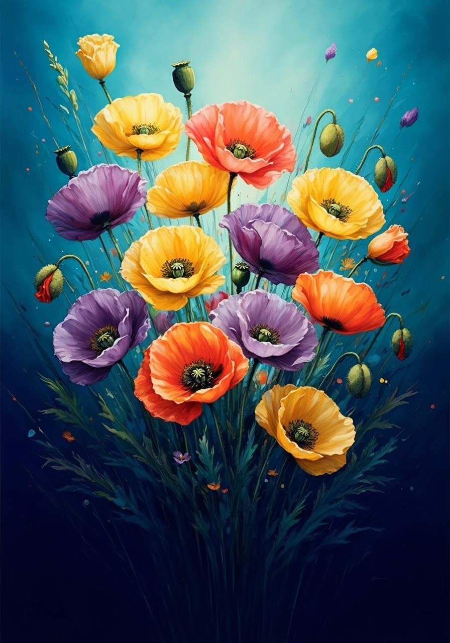 Vibrant Poppies Dance Against Deep Blue Skies in Whimsical B...