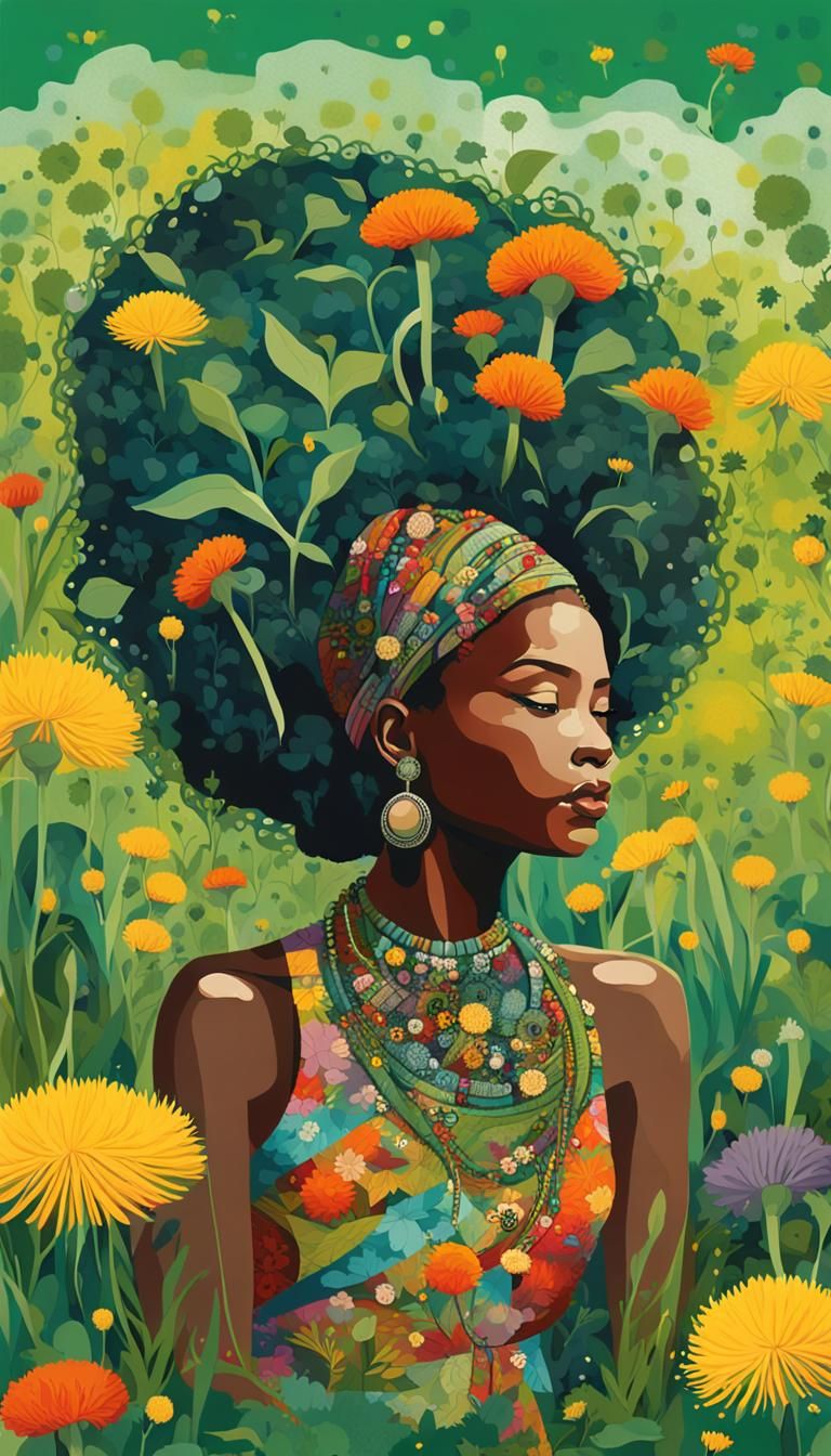 Woman in Dandelion Field: Vibrant Digital Art