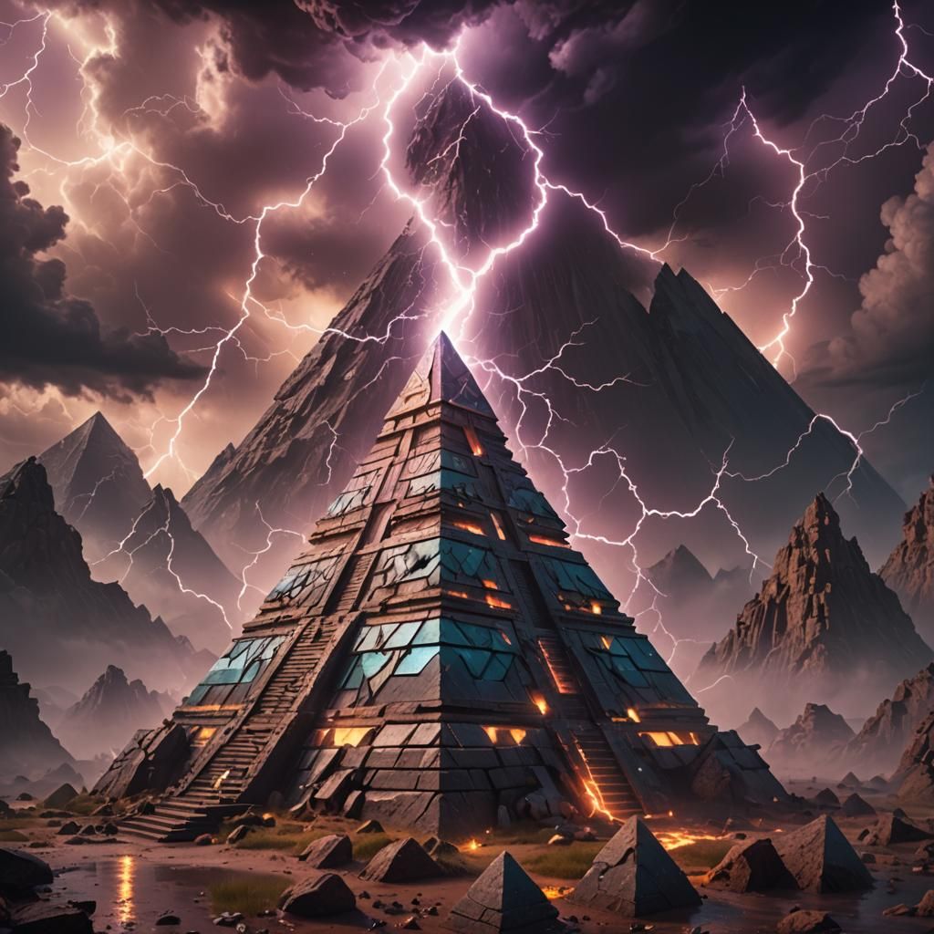 Fantastical Pyramid Struck by Lightning, Detailed Matte Pain...