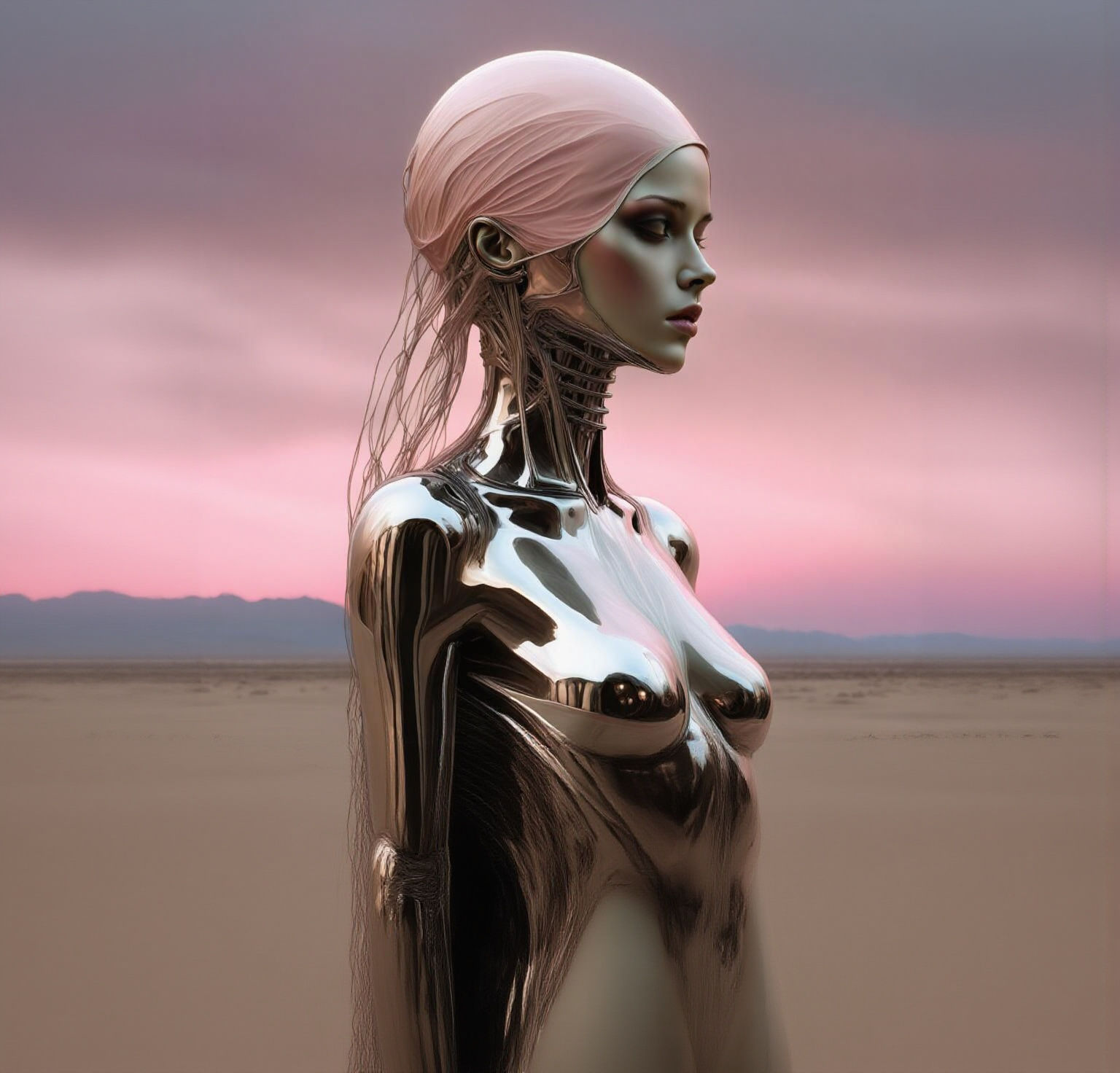Veiled Chrome Figure in Evening Dreamscape